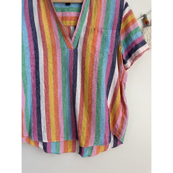 J. Crew 100% Linen Multicolor Rainbow V-Neck Short Sleeve Top Coastal Beachy S - Picture 4 of 9